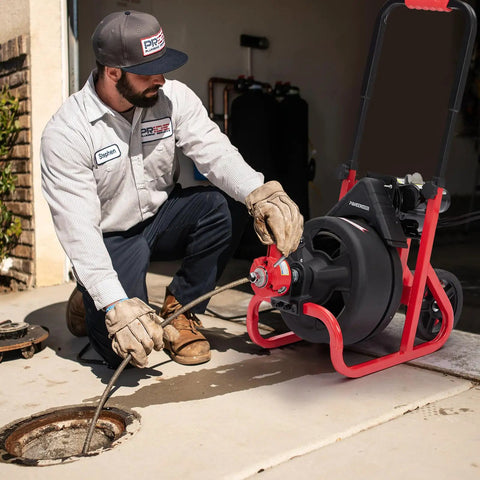 Auto Feed Electric Drain Cleaner Machine Delivers Heavy Duty Torque To Knock Out Thick Grease Clogs And Tree Roots Instantly For 3/8 Inch Drain Pipe Or 1 To 4 Inch Line Runs Nailed Every Time in use by a professional.
