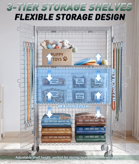 Heavy Duty Chrome Wire Security Cart Nsf Listed Mobile Storage Cage Kit Built Like A Tank For Warehouse Grocery Storage Featuring Rock Solid Mesh Design With Adjustable Shelves Handling Fifteen Hundred Pounds Daily Game Changer with three-tier design for organizing pet supplies.