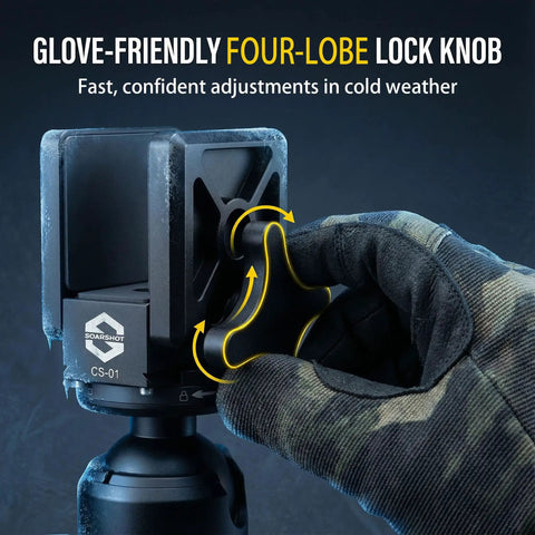 Glove adjusting lock knob on Rifle Saddle Mount for Hunting Tripod with Integrated Arca Base and CNC Aluminum Beefy Clamp.