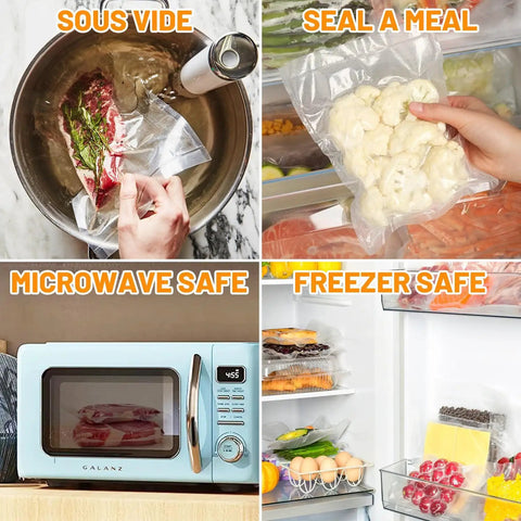 Heavy Duty Vacuum Sealer Bags 8x12 Inch 200 Quart BPA Free Food Saver Storage shown for sous vide, freezer, and microwave use.