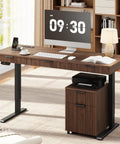Killer 55 Inch Electric Standing Desk With Smooth Walnut Top And Ultra Silent Motor, contemporary setup with computer and printer.
