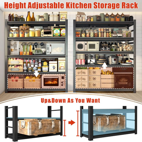 Heavy Duty 2500 lbs Metal Shelving Unit, 5 Tier Adjustable Kitchen Storage Shelves For Microwave And Appliances, Workhorse Pantry Organizer Rack, No Bolt Utility Rack, 35.4 Inches Wide By 15.75 Inches Deep By 71.2 Inches High, kitchen storage rack