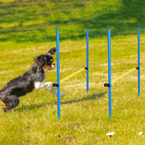 Dog jumping over blue and yellow obstacle, part of 8 Set Dog Agility Jump System With Adjustable Hurdles For Indoor Outdoor Training.