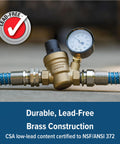 Camco adjustable RV/marine brass water pressure regulator with gauge and blue braided hoses