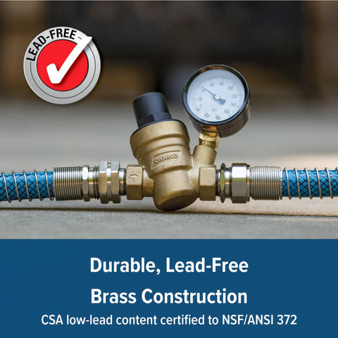 Camco adjustable RV/marine brass water pressure regulator with gauge and blue braided hoses