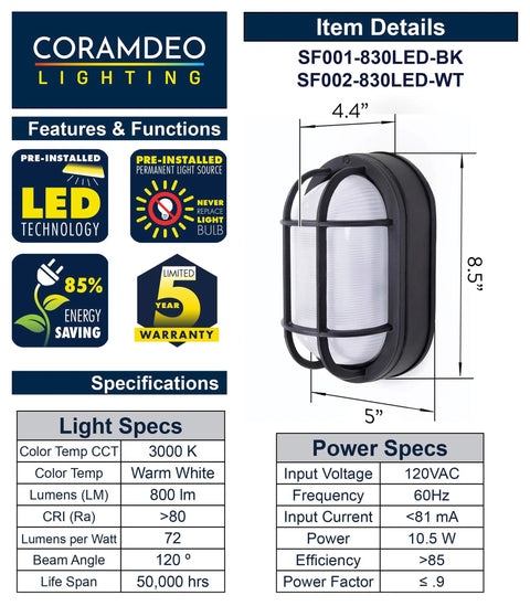 Outdoor 8.5 Inch Oval LED Nautical Bulkhead Light Flush Mount For Wall Or Ceiling Wet Location 75W 800 Lumens 3000K Warm White Cast Aluminum With Frosted Glass Lens product specifications