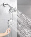 8 Inch Rain Shower System with wall mounted head and handheld spray, polished chrome finish, in use, water flowing