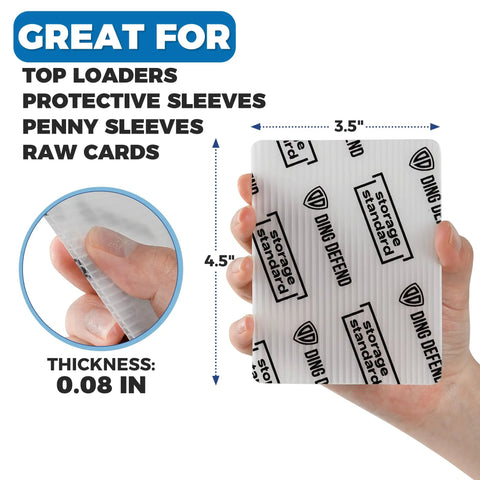 Hand holding Shipping Protectors For Trading Cards Pro Grade Ultra Strong Plastic Inserts 110 Pack 3.5 By 4.5 Inches, see-through.