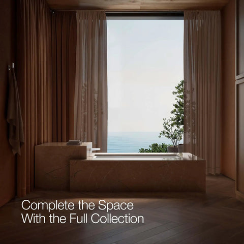 Bathroom with large window and ocean view, featuring Honesty Collection Wall Mount Bath Spout Non Diverter Polished Chrome.