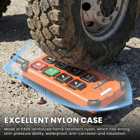 NEWTRY orange 8-button wireless crane remote control; 12V transmitter for industrial hoists.