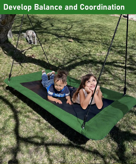 Children playing on 60 Inch Rectangular Tree Swing For Kids And Adults Adjustable Platform With Hanging Straps 700 Lb Capacity