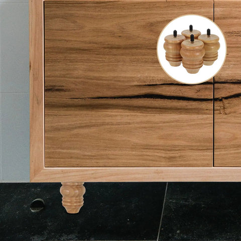 Four Pack Rubber Wood Furniture Leg Replacements For Sofas And Cabinets, gourd shaped legs shown on a wooden cabinet corner