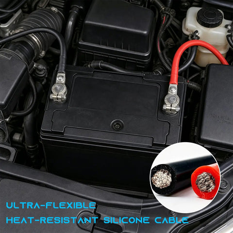 Heavy Duty 4 AWG Battery Cable 24 Inch Red Tinned Copper Auto Wire With 5 16 Lug Terminals connected to a car battery.