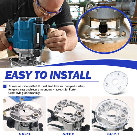 Dead Nuts Accurate Palm Router Subbase With Reinforced Round Base Plate and Upgrade Mounting Screws for Bosch PR10E PR20EVS and GKF125CE models, installation process.