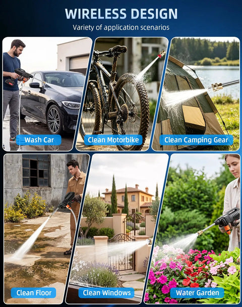 Cordless Portable Handheld Power Washer With Copper Motor pushes killer water pressure for cleaning cars, bikes, and outdoor gear.