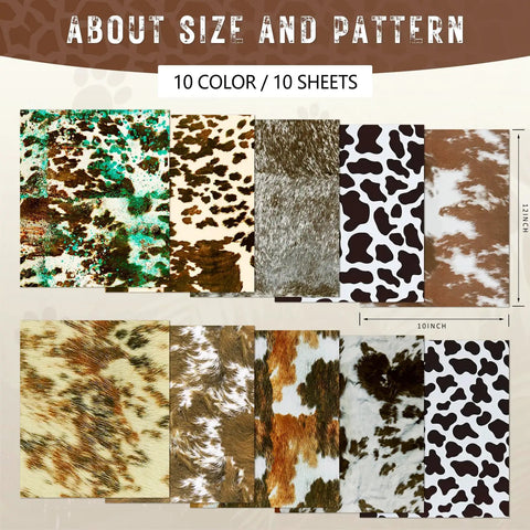 Different cow print patterns in the Cow Print Sublimation Transfer Paper Pack For DIY Crafters, 10 Sheets 12x10 Inches displayed.