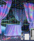 Cozy Colorful LED Curtain String Lights With Remote 9.8 Ft Hanging Fairy Lights 8 Modes installed in outdoor setting