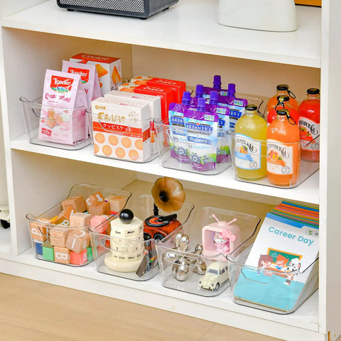 Straight Up Sturdy 12 Pack Clear Plastic Storage Bins With Handles For Pantry Organizing Cabinet Shelving with various items inside.
