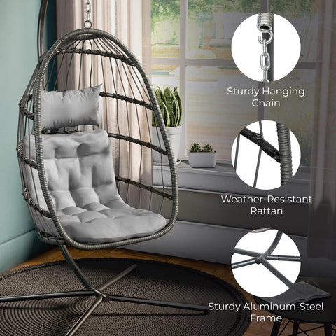 Hanging Egg Chair With Stand for Indoor Outdoor Chill, Plush Washable Cushions, 350 Lbs Capacity, Swing Hammock Chair near window