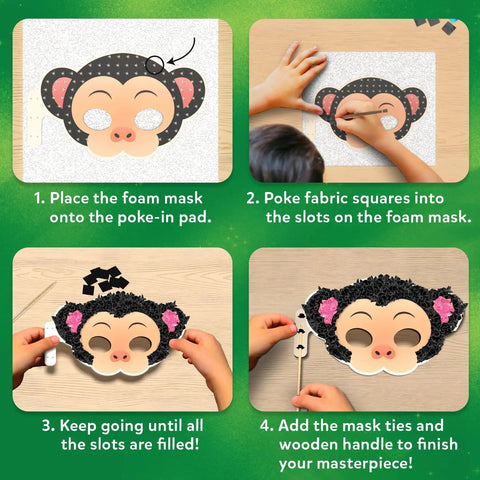Instruction steps for using Poke In Art Animal Masks Craft Kit With 800 Plus Fabric Squares And 6 Foam Masks Mess Free Sewing Activity For Kids Ages 4 5 6 7 8 9 A Fun Creative Gift For Girls And Boys Who Love Hands On Arts And Imaginative Play And Kid Friendly Fun