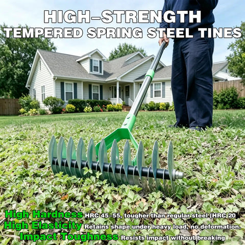 Thatch Rake For Lawn With 65 Inch Handle, Beast 14 Inch Dethatching Rake For Grass in use on green lawn