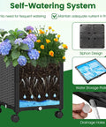 Close-up of self-watering system in Garden Arch With Planters And No Fuss Self Watering Boxes On Wheels; siphon and drainage details