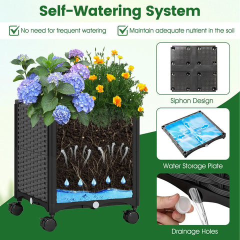 Close-up of self-watering system in Garden Arch With Planters And No Fuss Self Watering Boxes On Wheels; siphon and drainage details