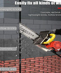 Heavy Duty Dust Free Concrete Wall Saw Machine Built To Knock Out Rough Jobs Without Breaking A Sweat For 48Cm Deep Wall Chasing On Stone Granite Tile And Wood Power Tool cutting through concrete and red brick walls.