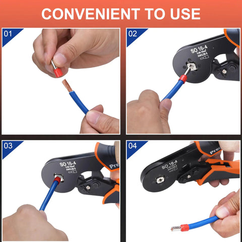 Step-by-step of Heavy Duty Ferrule Crimping Tool Kit With Square Jaw Ratchet Pliers For Wire Crimping AWG 28-5 in use.