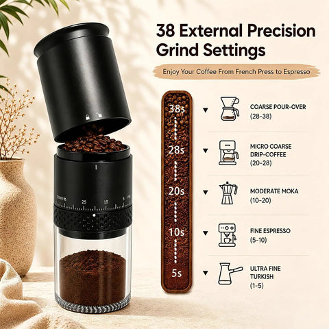 Chill Cordless Coffee Grinder With 38 Adjustable Settings showing 38 precision grind settings, ideal for various brews.