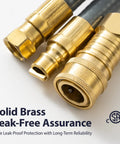 Solid brass fittings on 25 Ft Natural Gas Hose With One Half Inch ID High Flow Low Pressure Gas Line For Grill, Generator, Patio Heater And Pizza Oven, One Half Inch Female Flare To Male Quick Connect Plug, 92,000 BTU Per Hour
