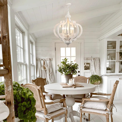 Farmhouse 5 Light French Country Wood Chandelier For Dining Room And Kitchen Island in vintage cottage style decor