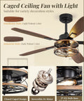 52 Inch Farmhouse Ceiling Fan With Light And Remote Black Industrial Caged Flush Mount With 6 Speed Reversible Motor