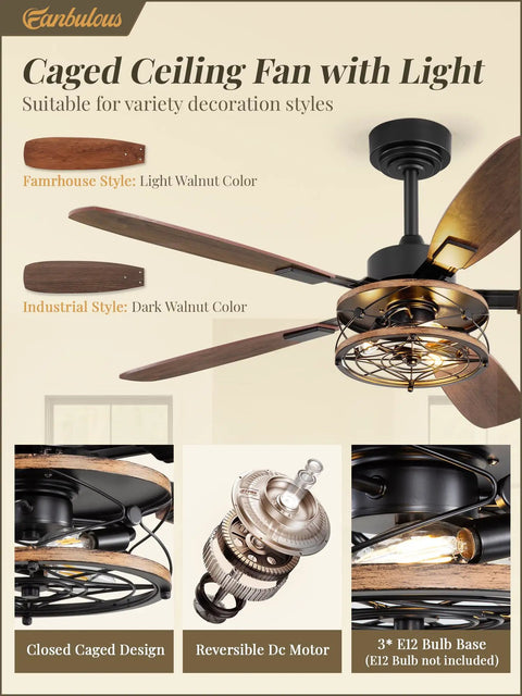 52 Inch Farmhouse Ceiling Fan With Light And Remote Black Industrial Caged Flush Mount With 6 Speed Reversible Motor