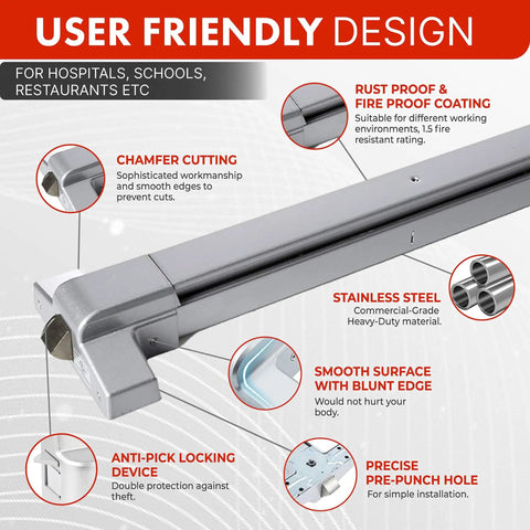 Heavy Duty Aluminum Push Bar Panic Exit Device For Commercial Doors, ANSI A156.3 Grade 2, UL Listed, focus on design features