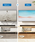 In Wall TV Cable Concealer Kit With Recessed Power Triple Outlet 9 Ft Cord And Hand Saw For Easy Safe Cable Management And A Clean Modern Look In Living Rooms Bedrooms And Home Theaters, before and after TV cord setup