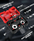 Front view of EZARC 9-piece carbide hole saw kit in a red case; 7/8–2 in hole cutters with pilot drills, hex key and spring