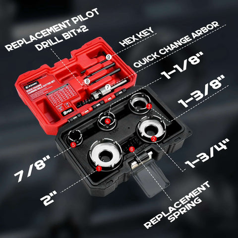 Front view of EZARC 9-piece carbide hole saw kit in a red case; 7/8–2 in hole cutters with pilot drills, hex key and spring