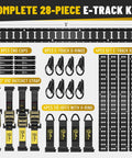 Heavy Duty E Track Cargo Tie Down Kit with Four Five Foot Rails, Four Two Inch Ratchet Straps, O-Rings, End Caps, V-Ring Tie Offs