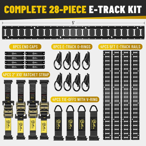 Heavy Duty E Track Cargo Tie Down Kit with Four Five Foot Rails, Four Two Inch Ratchet Straps, O-Rings, End Caps, V-Ring Tie Offs