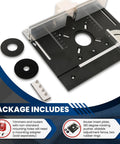 Heavy Duty Aluminum Router Table Insert Plate With Tough Badass Glide Coating And Zero Sweat Laser Scaled Markings showing mounting holes and included accessories.