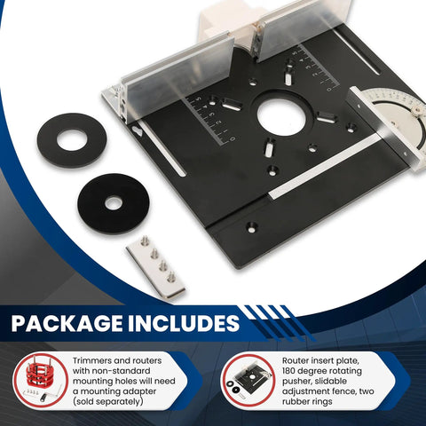 Heavy Duty Aluminum Router Table Insert Plate With Tough Badass Glide Coating And Zero Sweat Laser Scaled Markings showing mounting holes and included accessories.