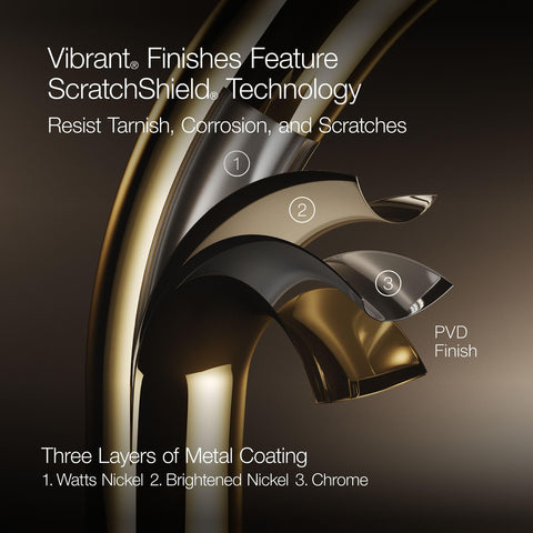 Vibrant finishes showing three layers of metal coating with chrome, brightened nickel, and Watts nickel under PVD finish.