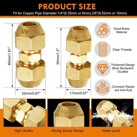 Brass copper pipe extension connectors set, 4 pcs with flare nuts for 1/4 in and 3/8 in tubing, front view