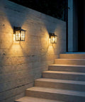 Black Outdoor Wall Lights Set Waterproof Patio Sconces Crafted From Rust Resistant Die Cast Metal And Tempered Wave Glass ideal for illuminating stairs.