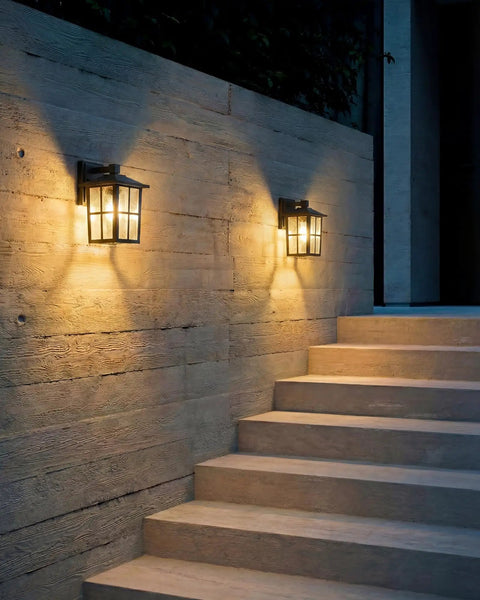 Black Outdoor Wall Lights Set Waterproof Patio Sconces Crafted From Rust Resistant Die Cast Metal And Tempered Wave Glass ideal for illuminating stairs.
