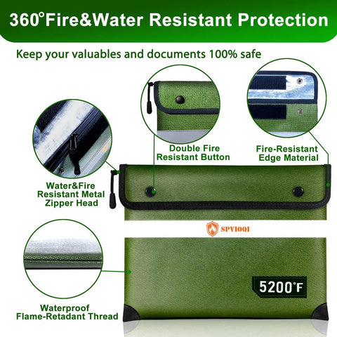 Upgraded 5200F Fireproof Document Bag With Heat Insulation And Zipper Safe Pouch, close-up views of fire-resistant materials.