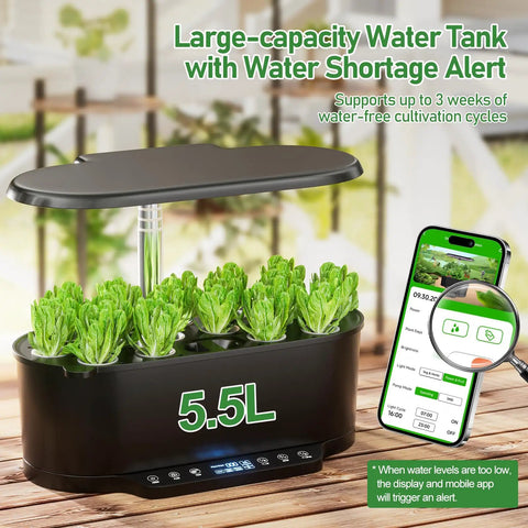 Smart Indoor Hydroponics Growing System Kit With 15 Pod Herb Garden, 5.5L water tank, smartphone app display