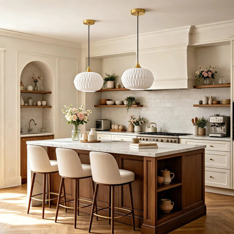 Vaziden Milk Glass Pendant Lights Kitchen Island Gold Chandelier 11.81" in a modern kitchen with white shade and gold accents.