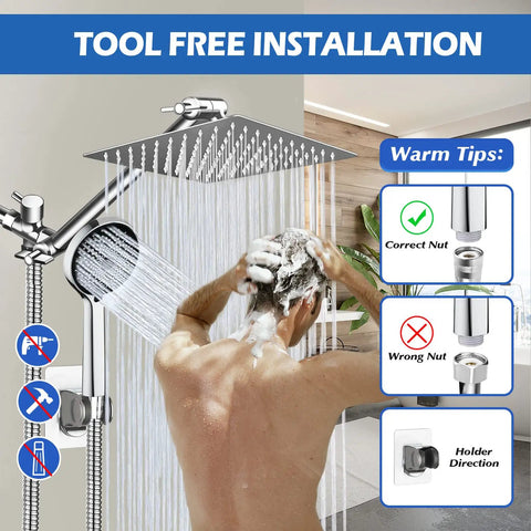 Person using 8 Inch Rain Shower Head With Handheld Spray Combo 11 Inch Angle Adjustable Extension Arm High Pressure Shower System